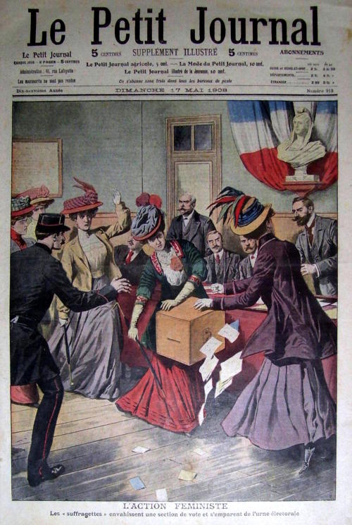 Action de suffragettes renversant une urne dans un bureau de vote au temps où les femmes ne pouvaient pas voter